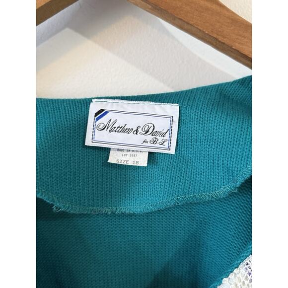 Vtg 90's Matthew & David Sweater Womens Sz 18 Green Collared Grandma Cottagecore - Picture 3 of 7